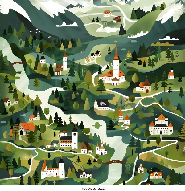 Illustrated Map of a European Village with Green Hills, Mountains, Forests, and a Winding River