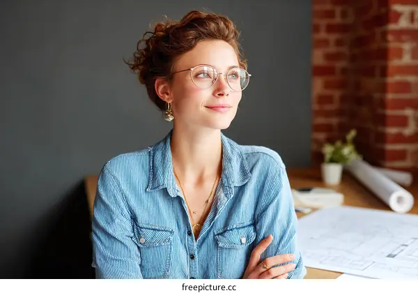 Thoughtful Woman in Casual Denim Shirt