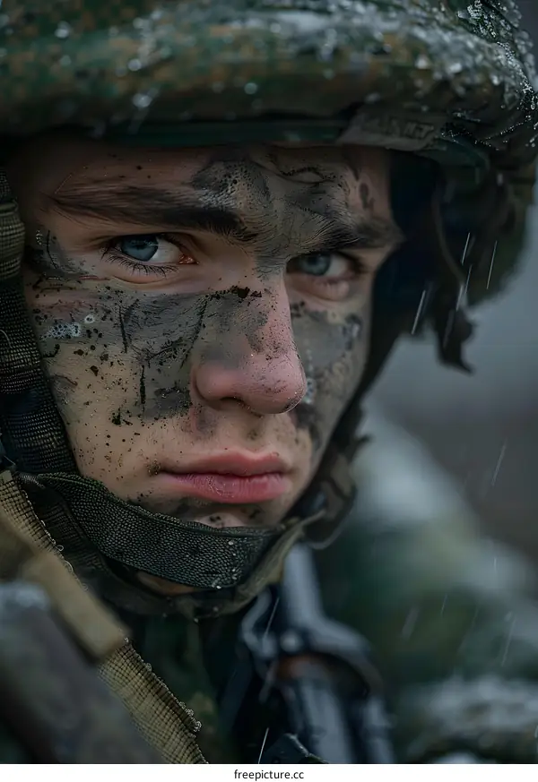 Close up Portrait of a Soldier in Camouflage with Snow Falling