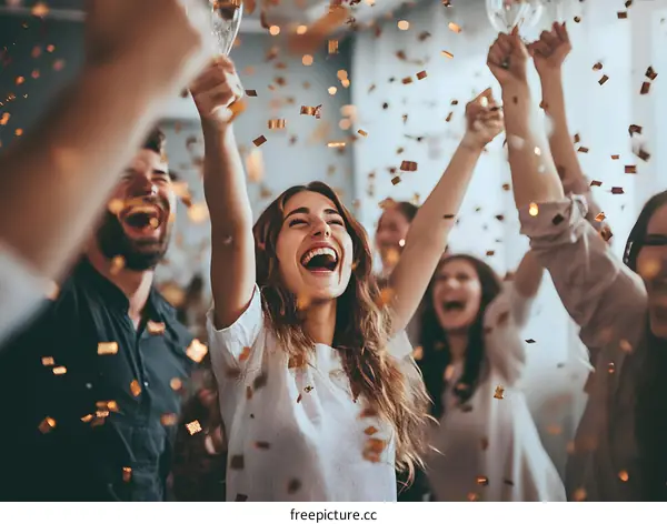 Group of Friends Celebrating with Confetti and Champagne