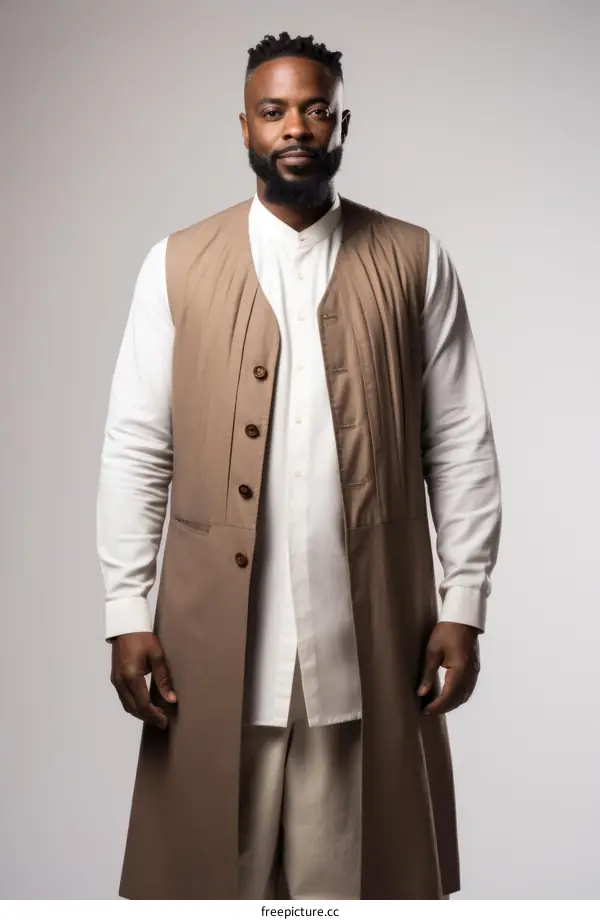 A black man with beard wearing a brown vest