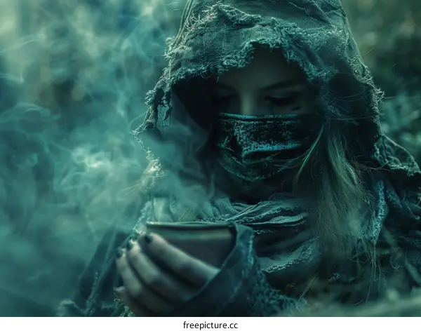 fantasy woman holding a magic cup in the woods