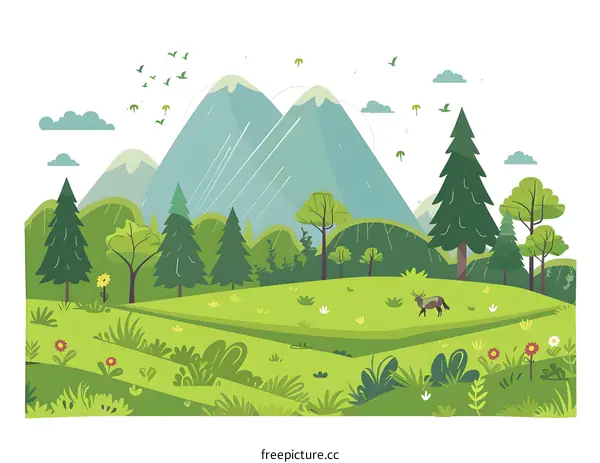Green Landscape With Mountains and Deer Illustration
