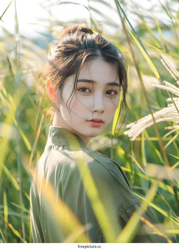 Portrait of an Asian Woman in a Field of Grass
