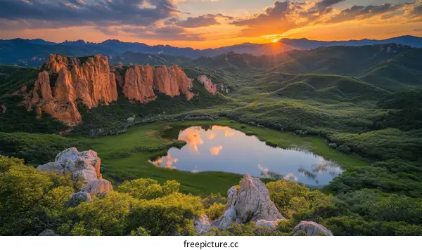Majestic Sunset Over Mountain Lake Landscape
