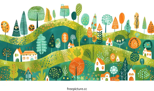 Colorful Abstract Landscape with Houses and Trees Illustration