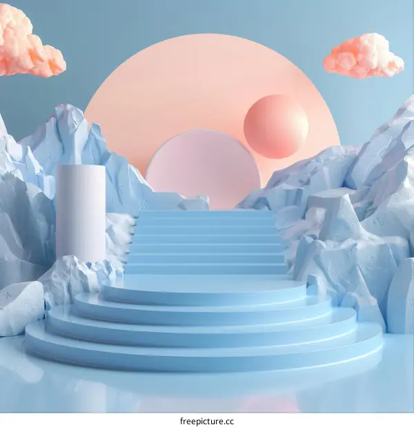 Blue stairs podium with rocks and clouds