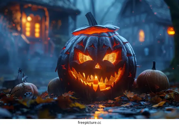 Spooky Halloween Jack-o'-Lantern Glowing in the Dark