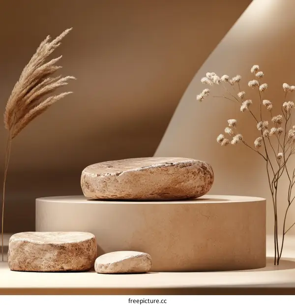 Beige Minimalist Display With Stones And Plants