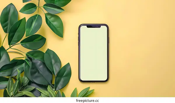 Mobile Phone Mockup With Green Leaves On Yellow Background