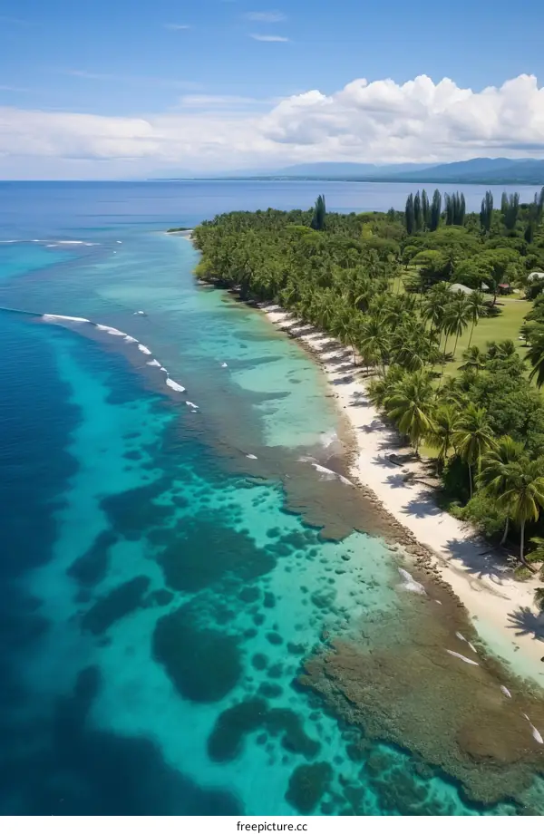 Beach and tropical green island with coconut trees