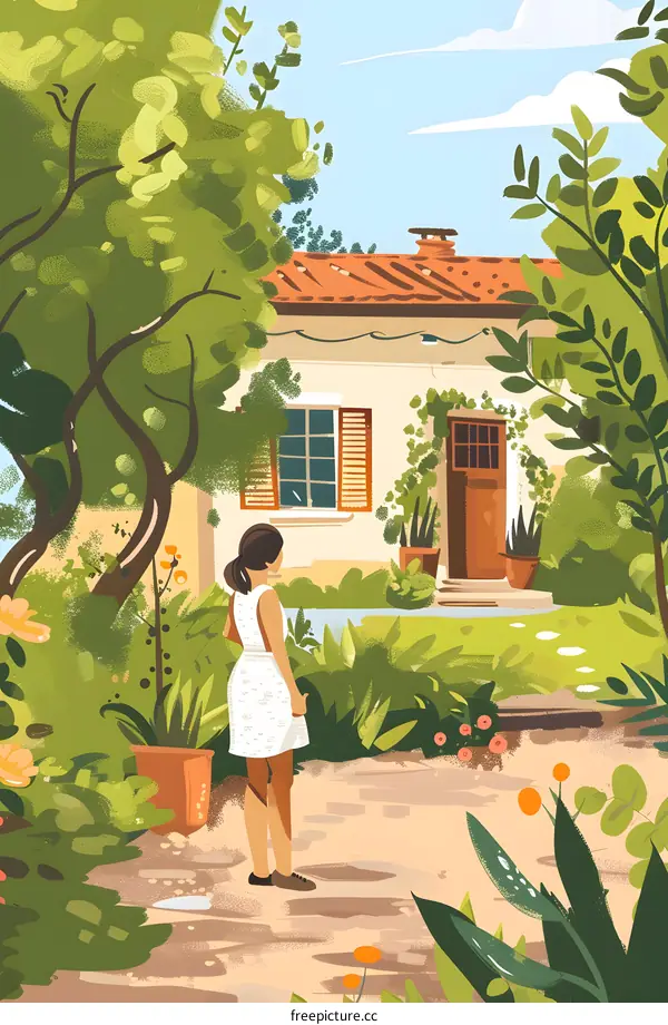 Woman Standing in Front of a House in a Garden