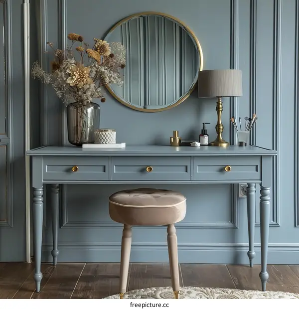 Elegant Dressing Table with Round Mirror and Stool