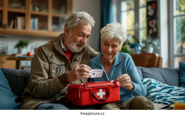 Senior couple looking at a first aid kit