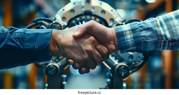 Two men in plaid shirt and blue uniform shaking hands in front of machinery