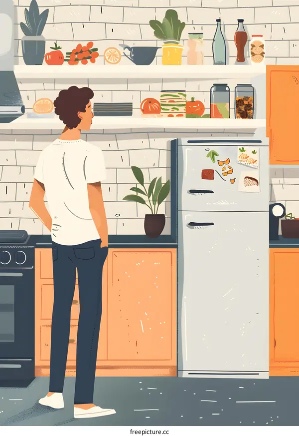 Man Standing in Kitchen Looking at Refrigerator