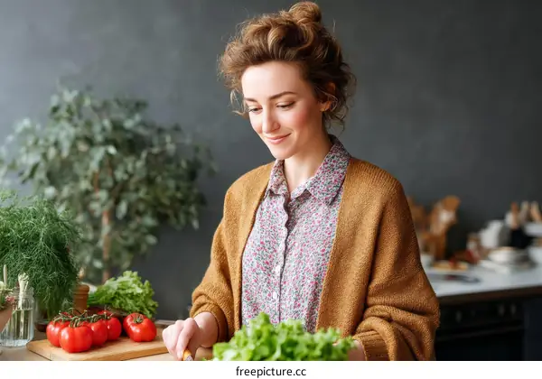 Woman Cooking Healthy Salad in Kitchen