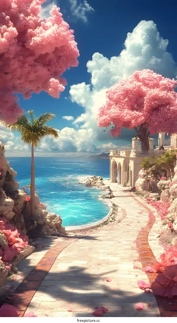 Beautiful Pink Blossoms Along a Stone Path to the Ocean