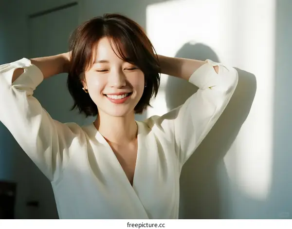 A Young Woman with Short Hair Smiling Happily Indoors