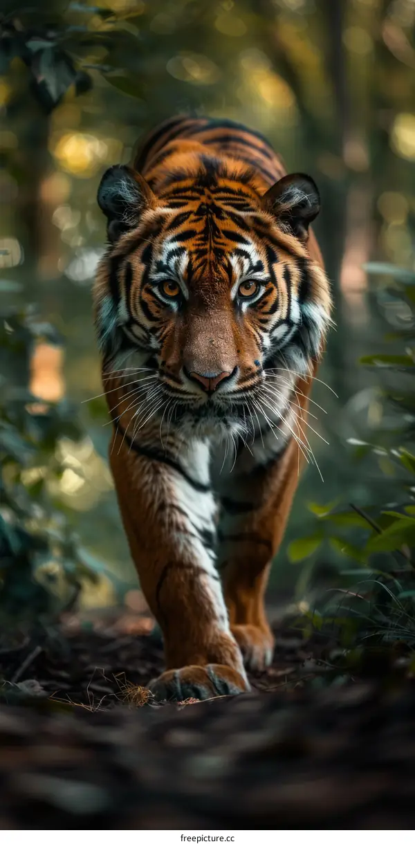 A fierce tiger walking through the jungle