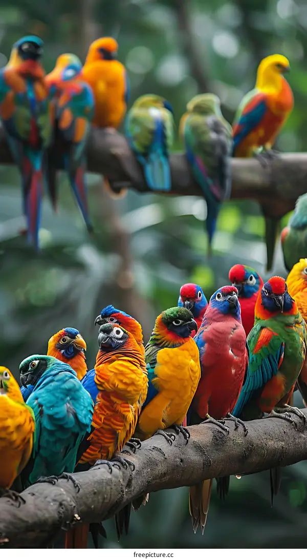 Colorful Parrots Resting on a Tree Branch