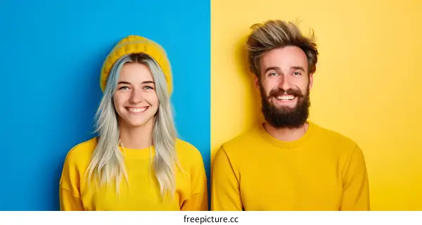 Happy Couple Posing Together on Blue and Yellow Background