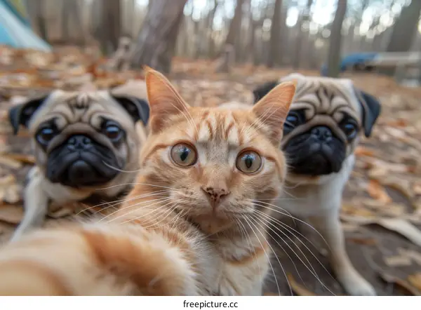 Ginger Cat and Pugs Take a Selfie in the Woods