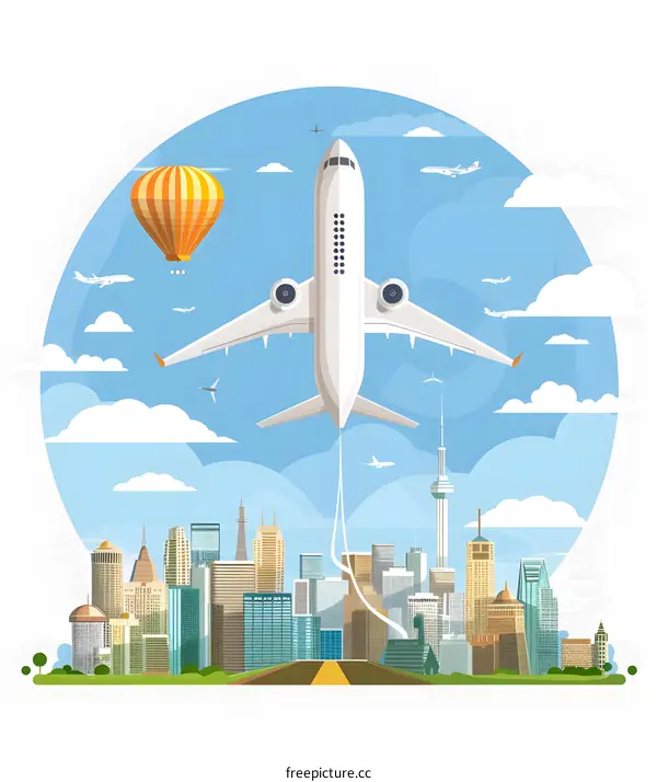 Airplane Flying Over Cityscape with Hot Air Balloon
