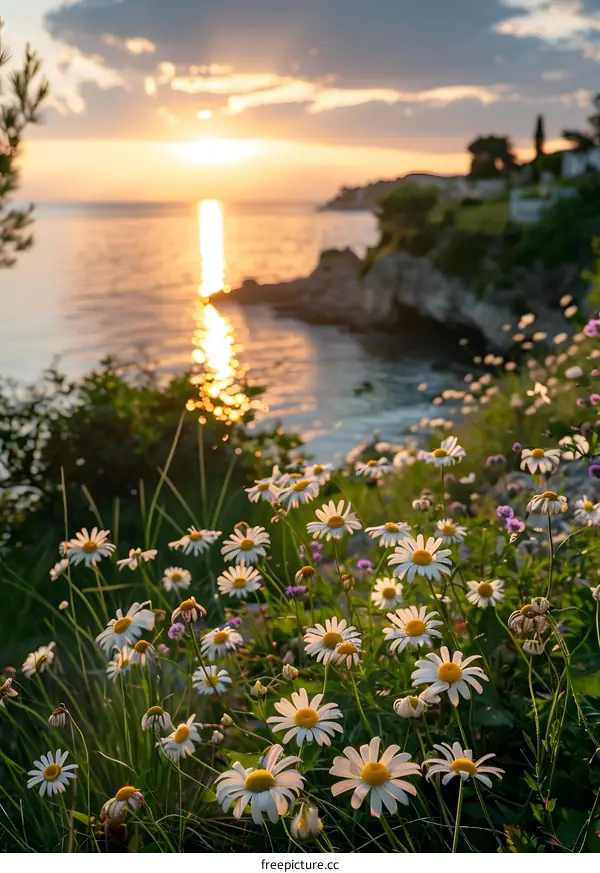 Sunset Over The Sea With Daisies In Bloom