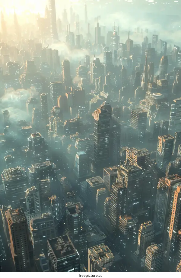 A futuristic cityscape with skyscrapers and sunlight