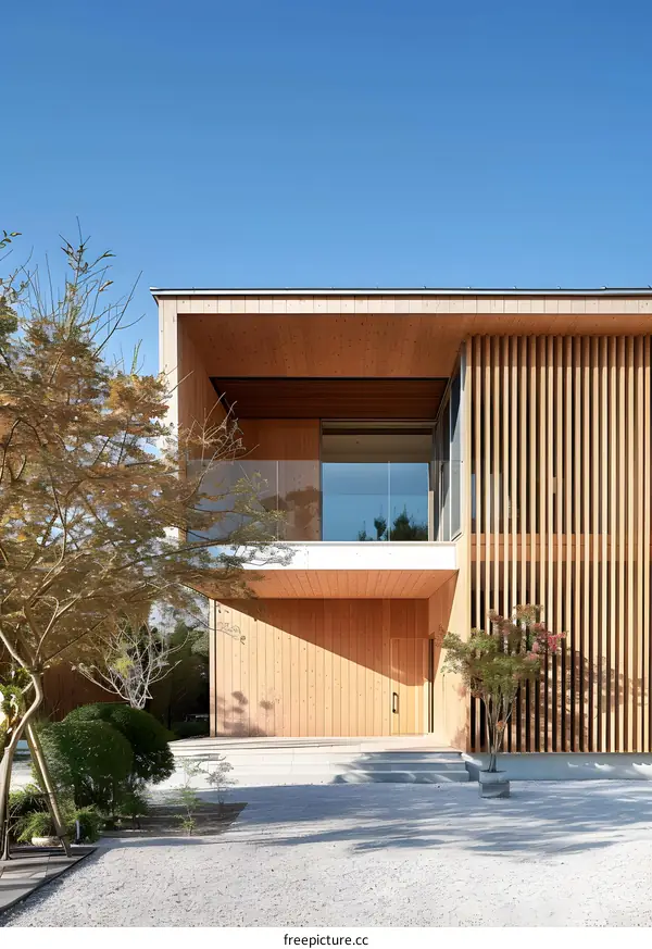 Modern Wooden House with Glass Windows and a Gravel Garden