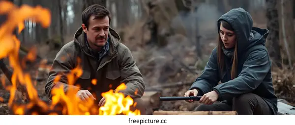 Couple Sitting By A Campfire In The Woods