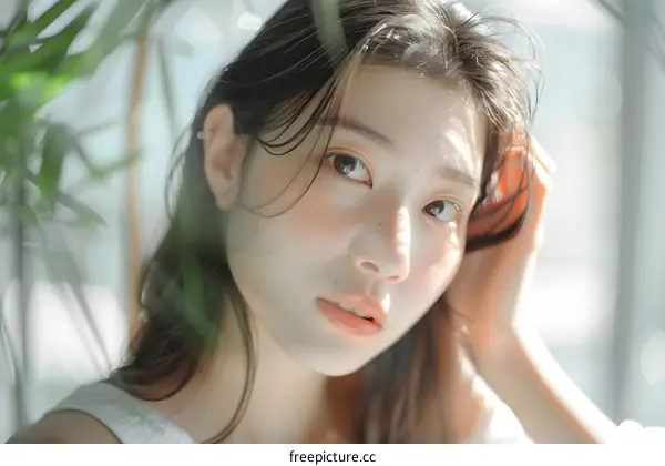 Closeup Portrait of a Young Woman with Long Black Hair