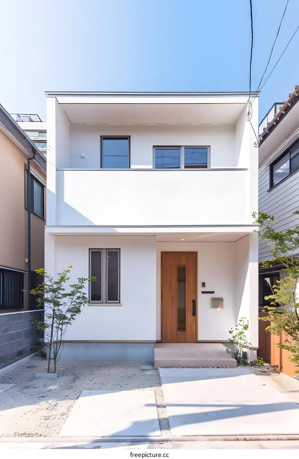 Modern White House with Wooden Front Door and Small Garden