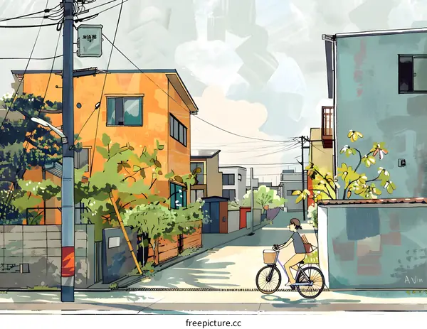 Woman Riding a Bicycle on a Narrow Street in Japan