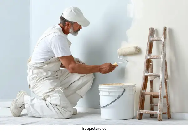 Painter Painting a Wall with Paint Roller