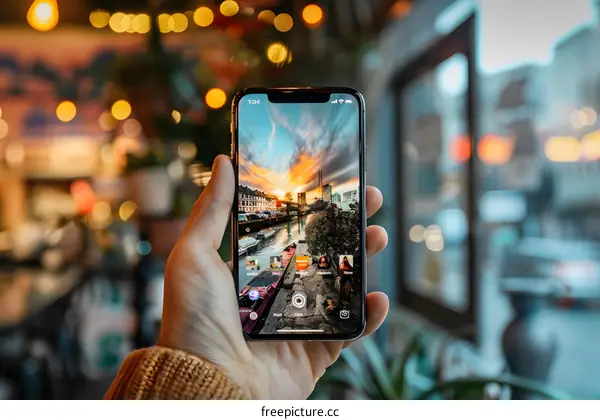 Hand holding a phone displaying a photo of a city at sunset