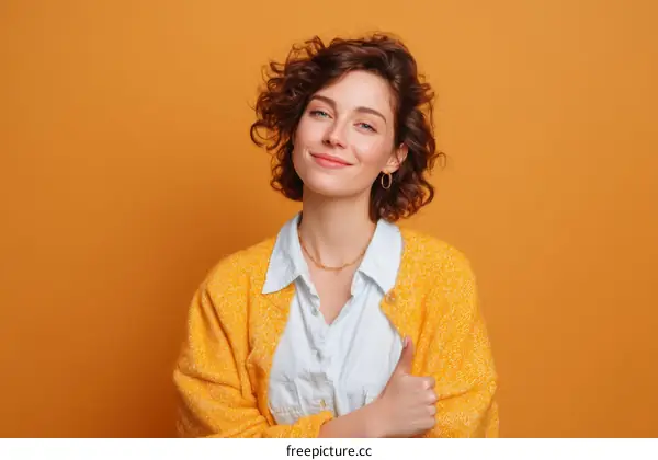Smiling Woman in a Mustard Yellow Cardigan