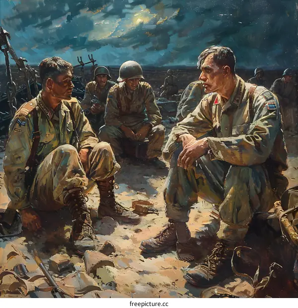 Two American Soldiers in Conversation with Two British Soldiers After the Normandy Invasion, 6 June 1944