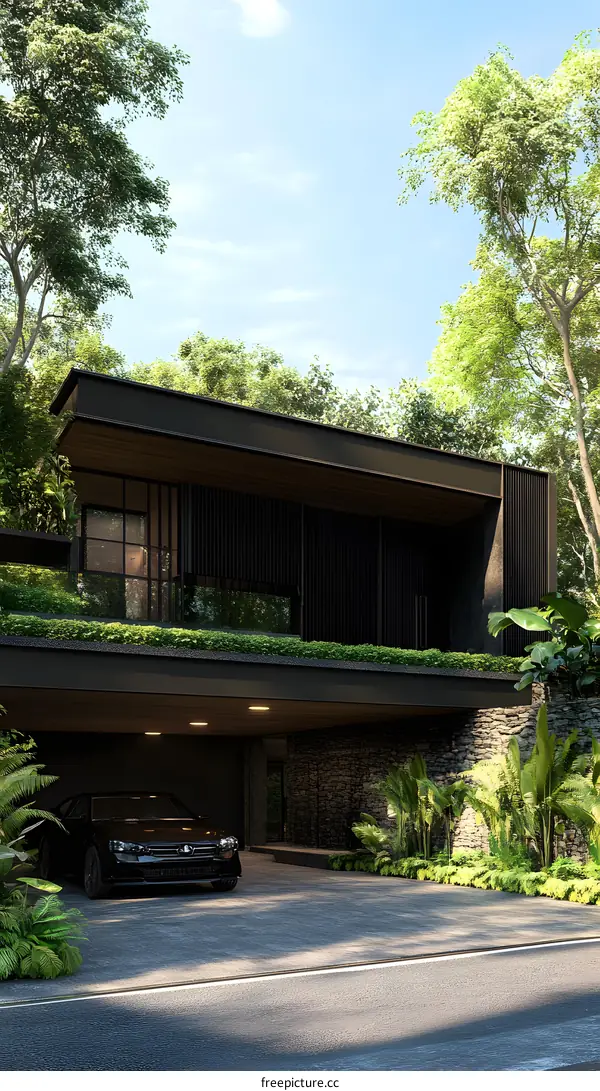 Modern Black House with Green Roof and Stone Wall