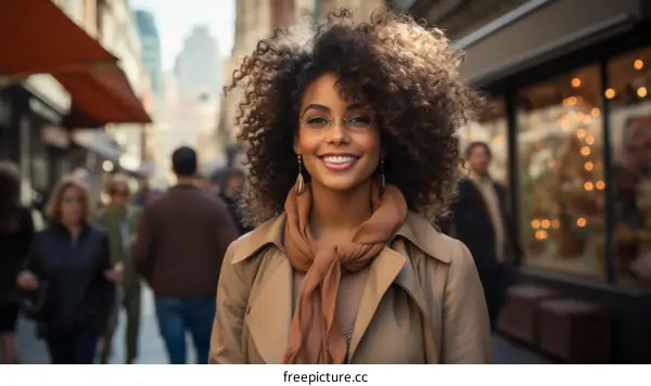 A young woman with curly hair is smiling at the camera.