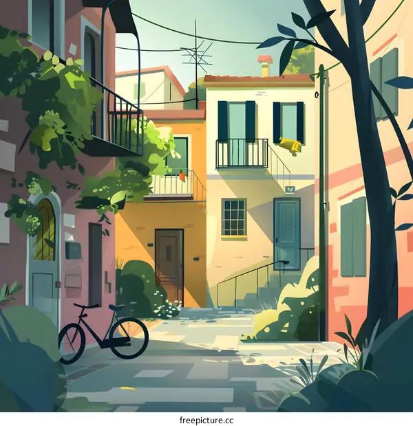 European Street with a Bicycle and Greenery