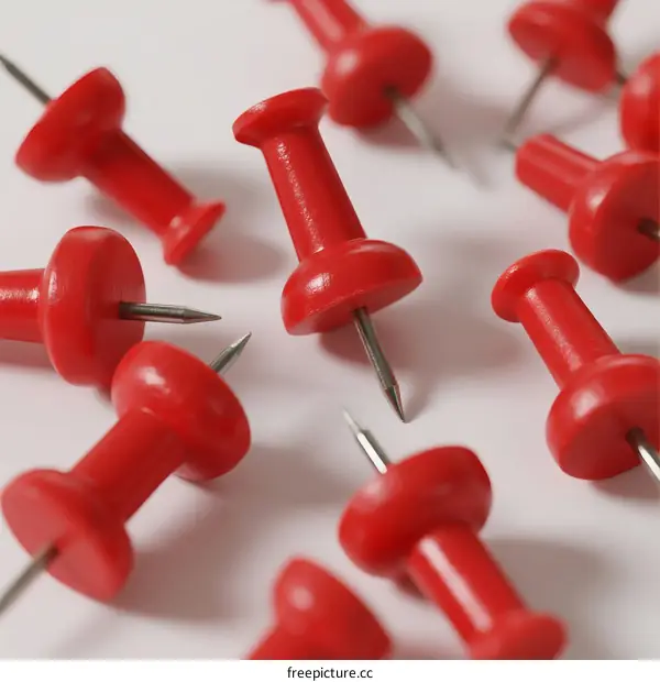 Close-up view of red pushpins with sharp metal points