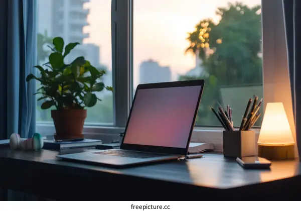 A desk with a laptop, a plant, a lamp, and a pencil holder on it.