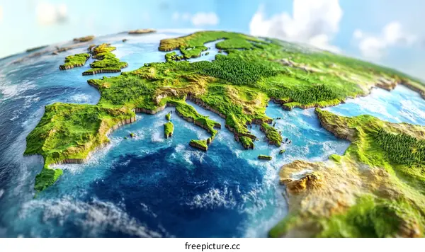 European Continent Detailed Topographic Map Illustration