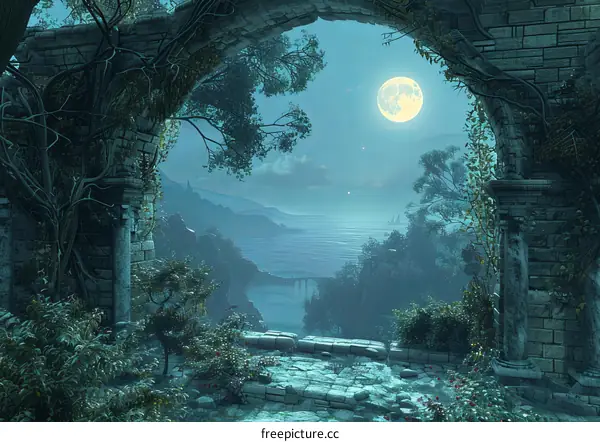 Fantasy Landscape with Moonlight View of Sea and Mountains
