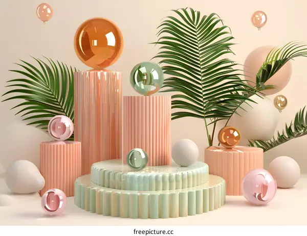 Abstract 3D Background with Palm Leaves and Geometric Shapes