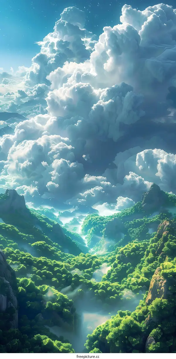 The mountains are shrouded in mist and clouds