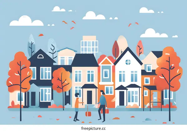 Fall Neighborhood Scene with Two People Walking