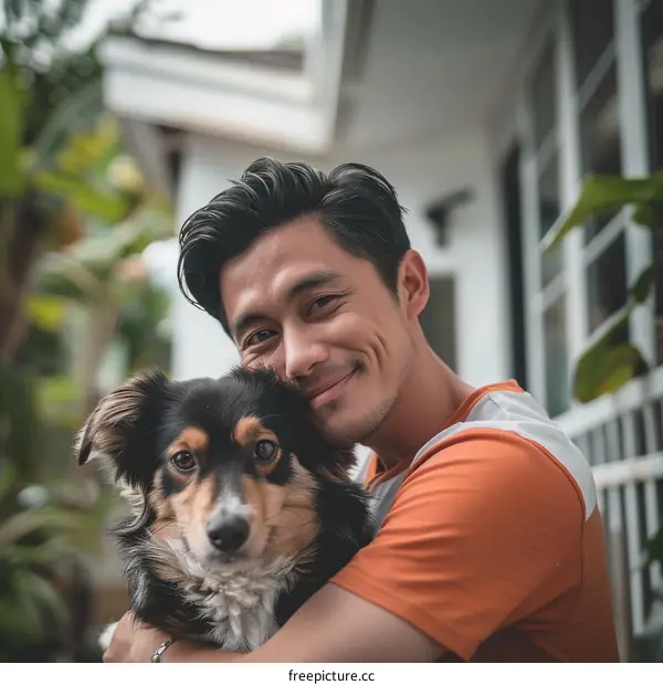 A smiling Asian man hugging a dog